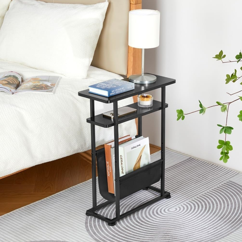 Slim Industrial Side Table with Magazine Holder & Adjustable Feet for Small