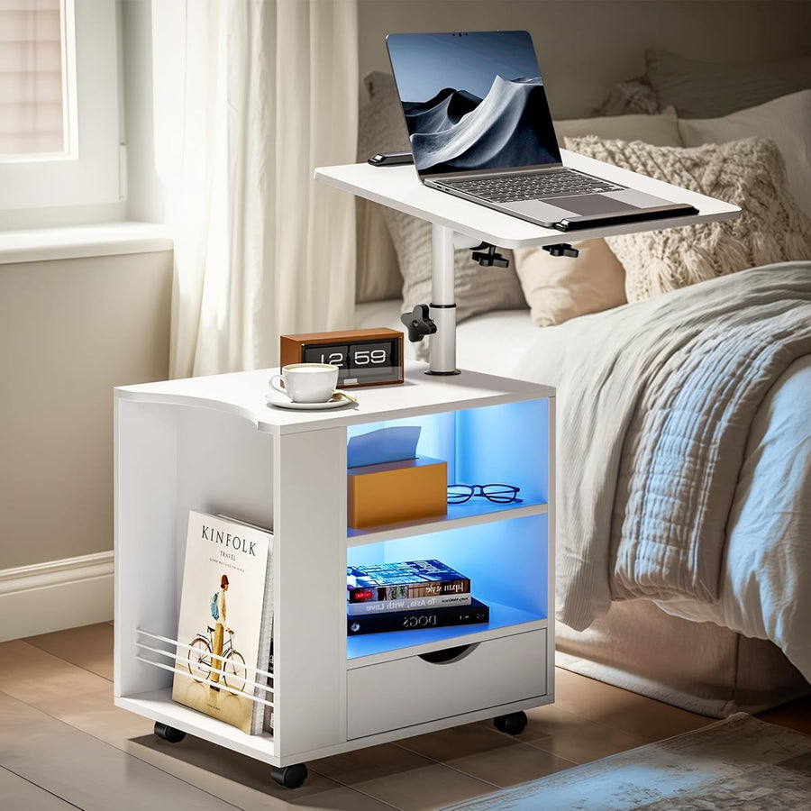 White LED Bedside Table with Adjustable Laptop Stand – Smart Nightstand