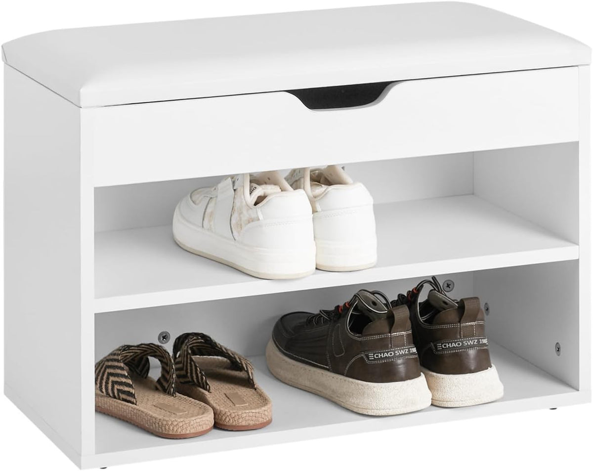 White Shoe Storage Bench with Padded Seat & 2 Tiers – Hallway Rack