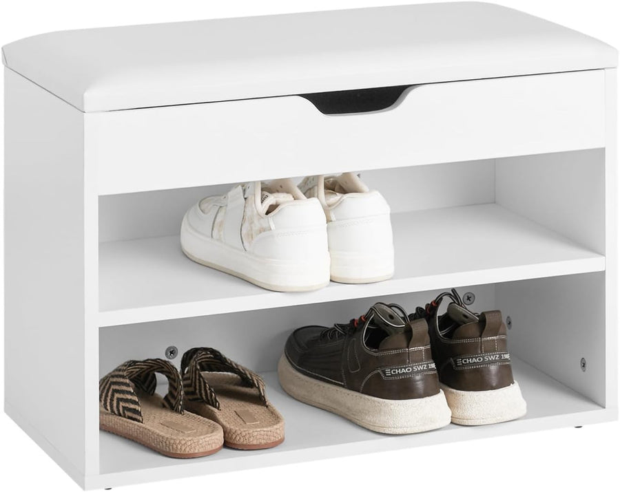 White Shoe Storage Bench with Padded Seat & 2 Tiers – Hallway Rack