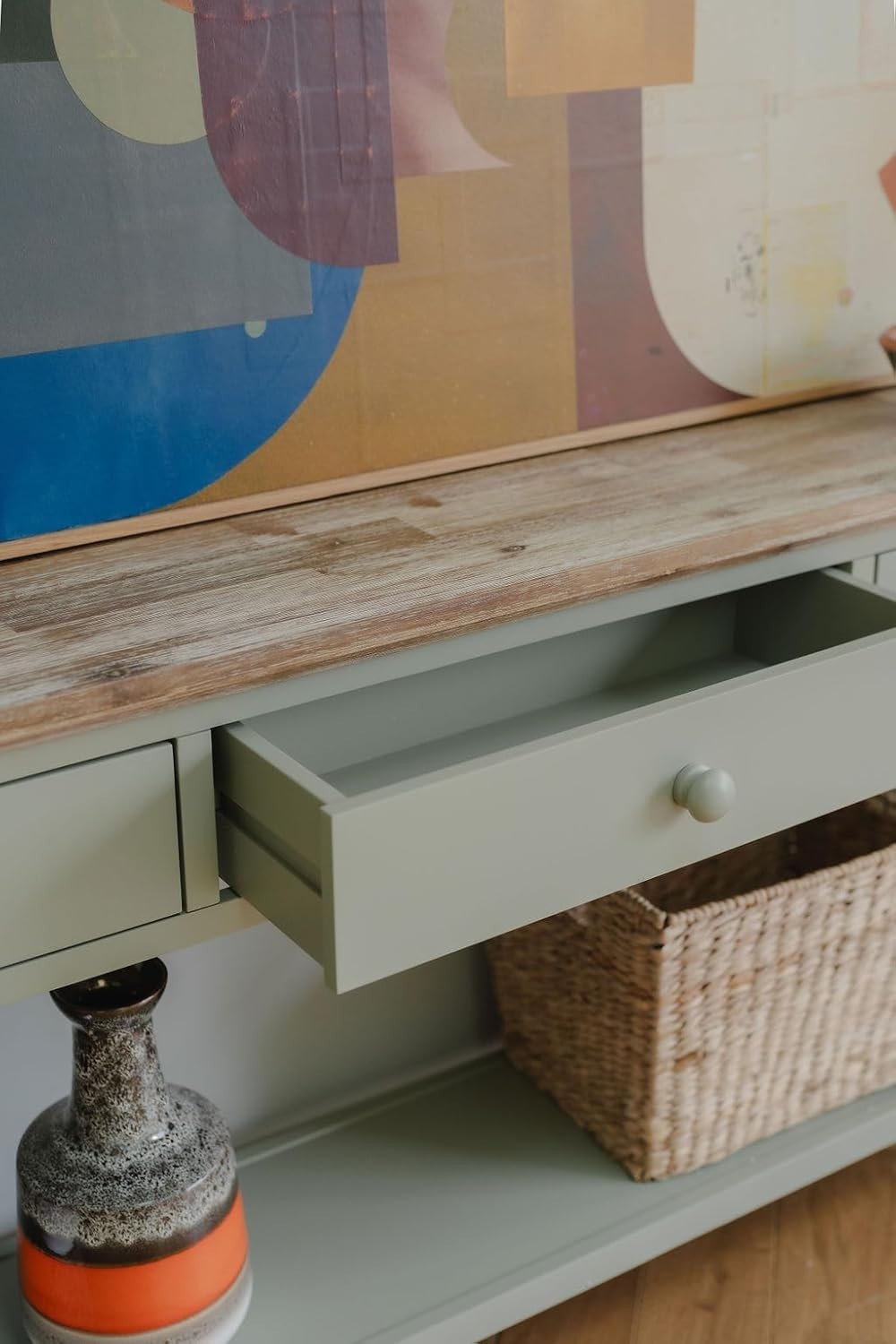 Elegant Console Table with Drawers & Bottom Shelf, Acacia Top, 143cm