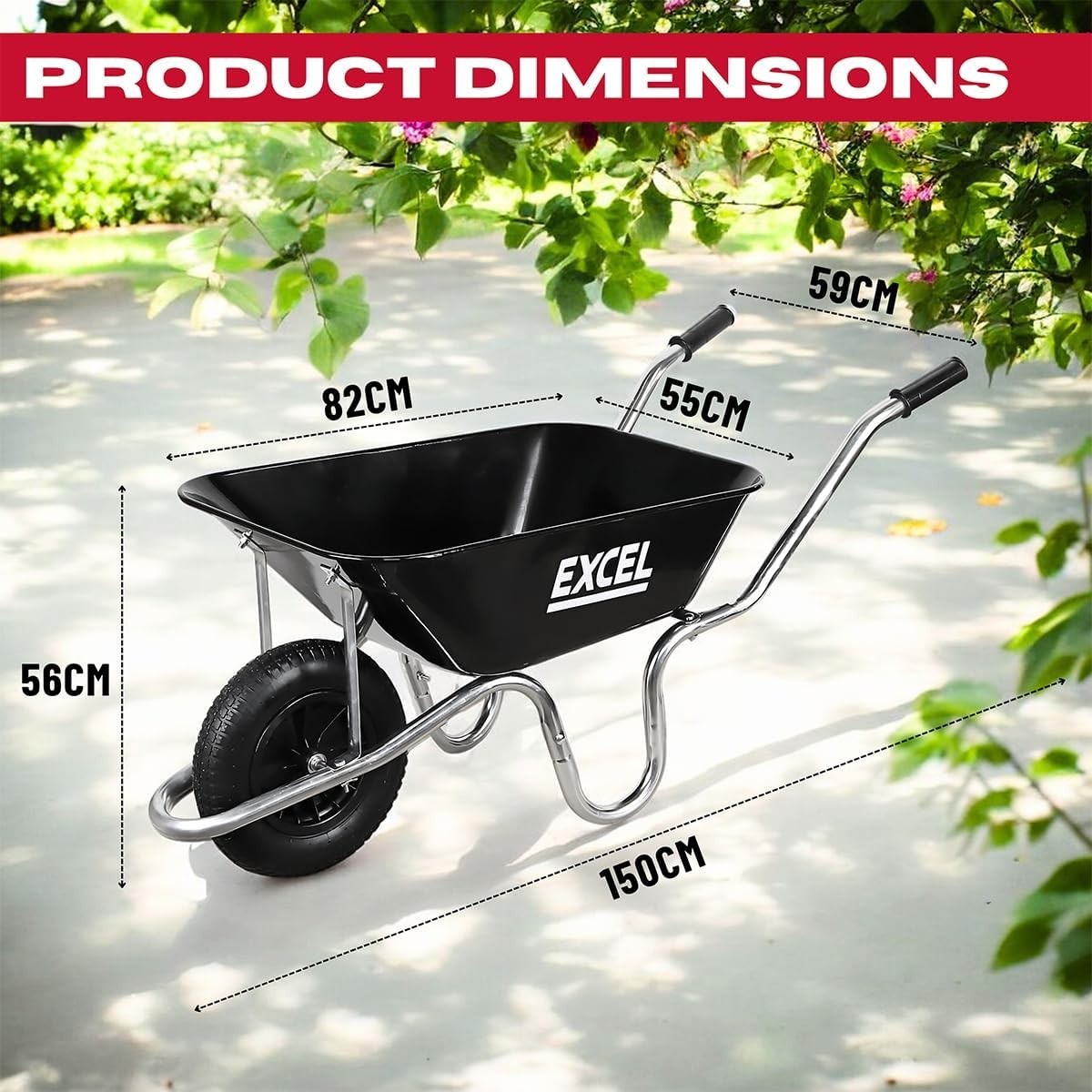 100L Black Wheelbarrow – Galvanised Steel Tray Pneumatic Tyre Heavy Duty 150kg