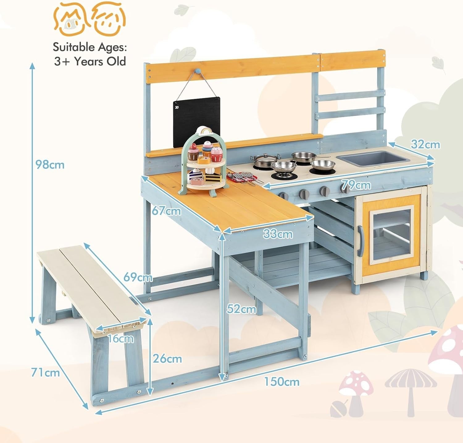Outdoor Mud Kitchen Kids Playset w/ Picnic Table Dessert Toys