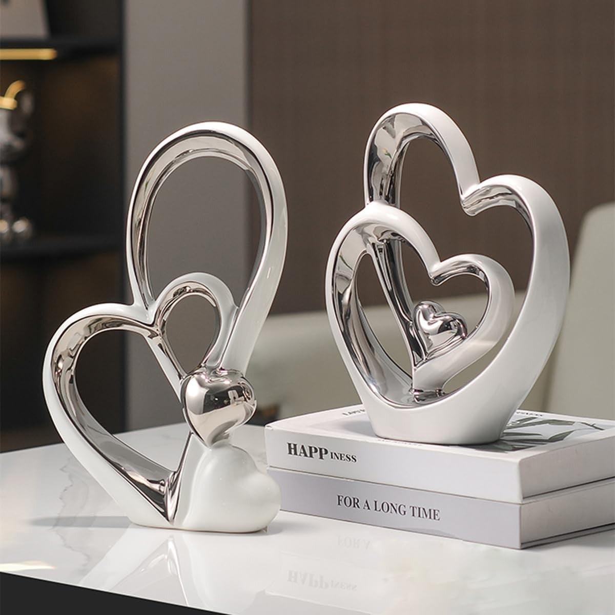 Modern White Silver Double Heart Ceramic Sculpture | Luxury Home Decor Gift