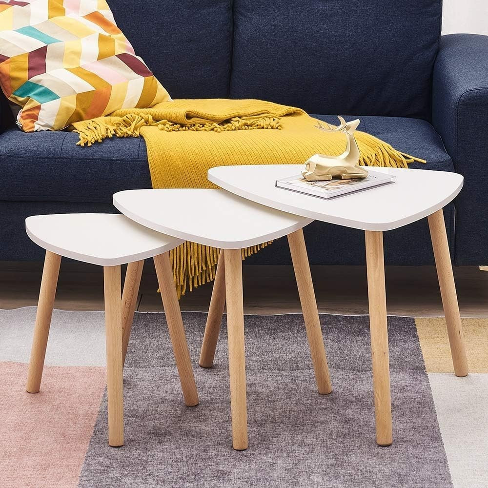 Nest of 3 End Tables Modern White Triangular Side Coffee Space Saving Set