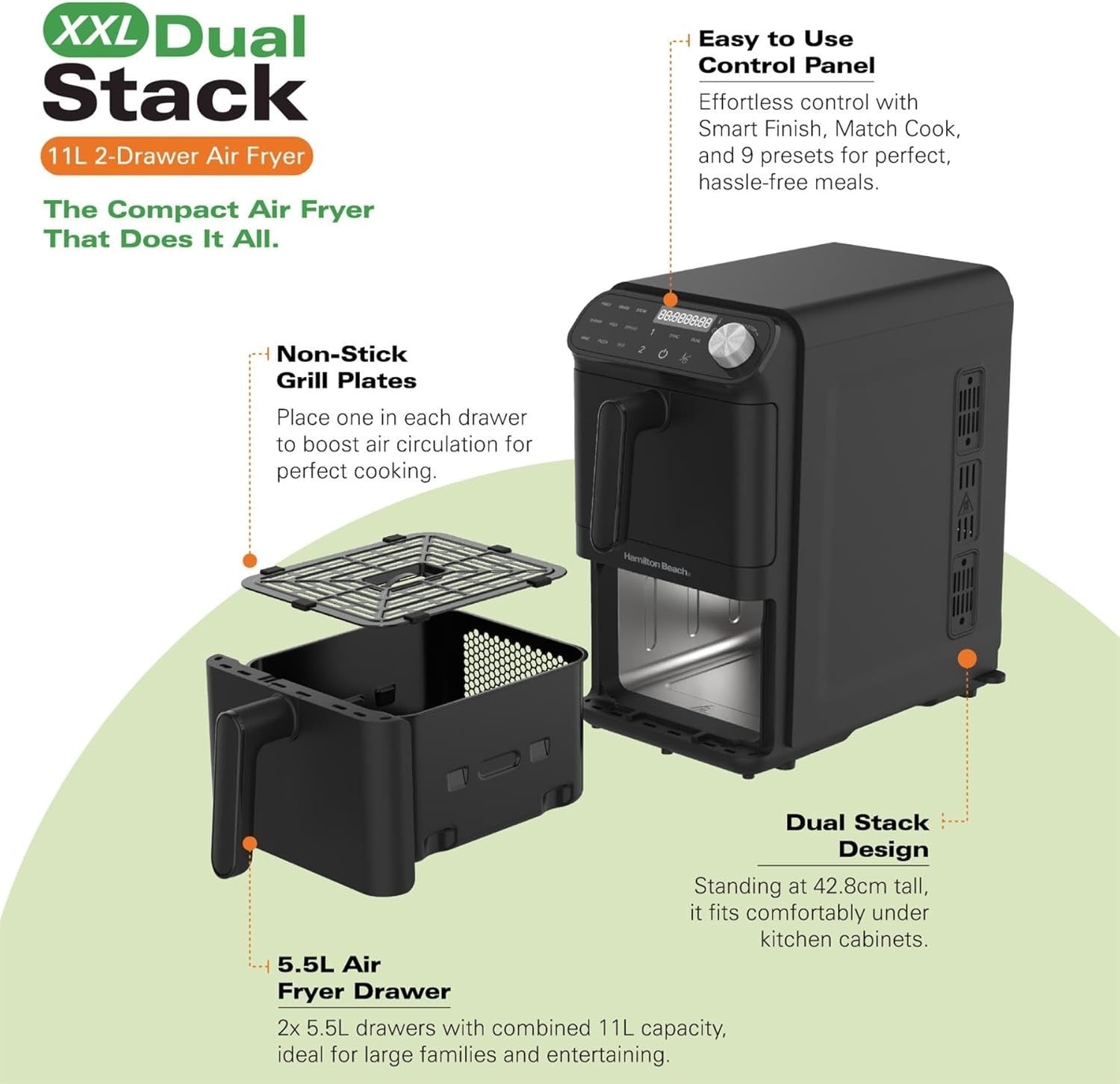 11L XXL Dual Zone Air Fryer 2x5.5L Stack Drawers Sync Finish Slim Design