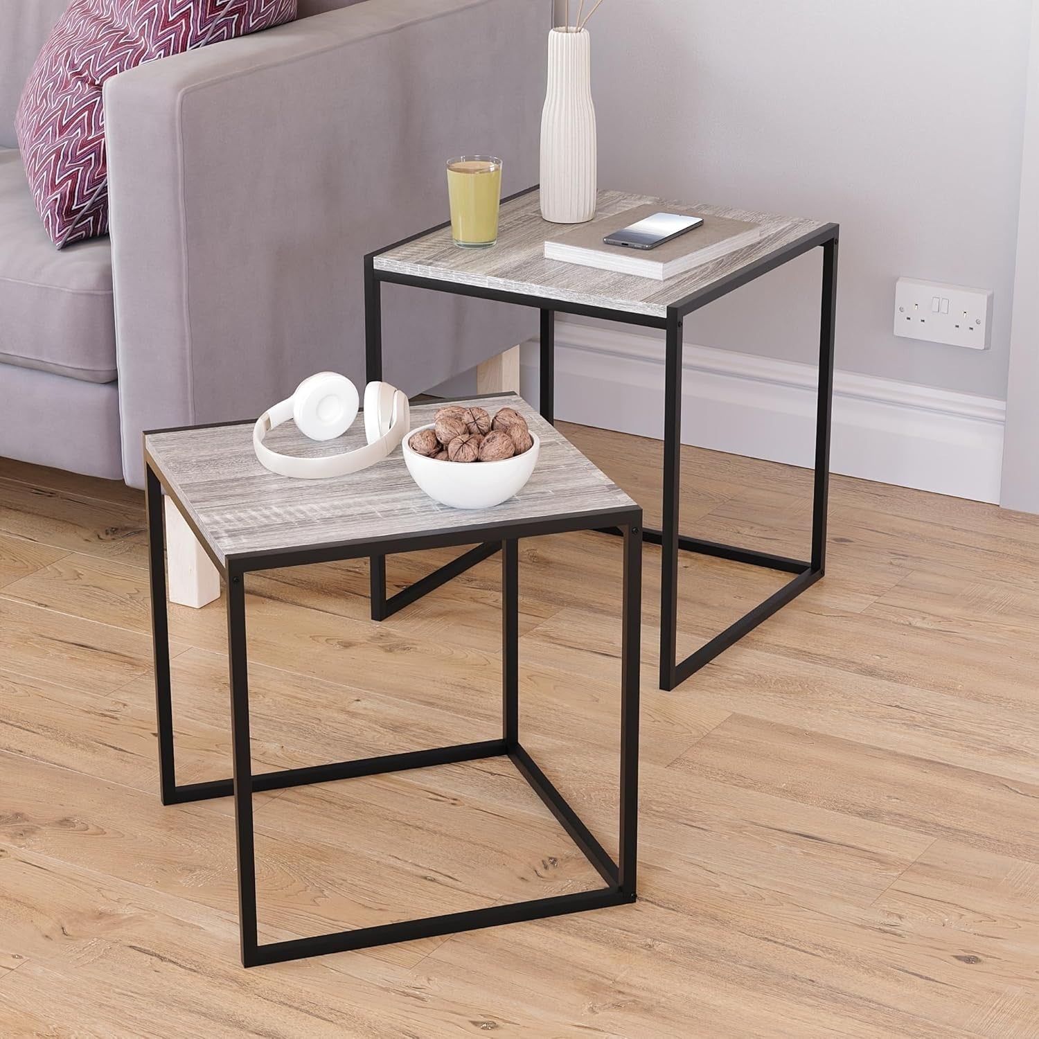 2x Grey Industrial Nesting Tables Set Metal Frame Engineered Wood Side End Coffe