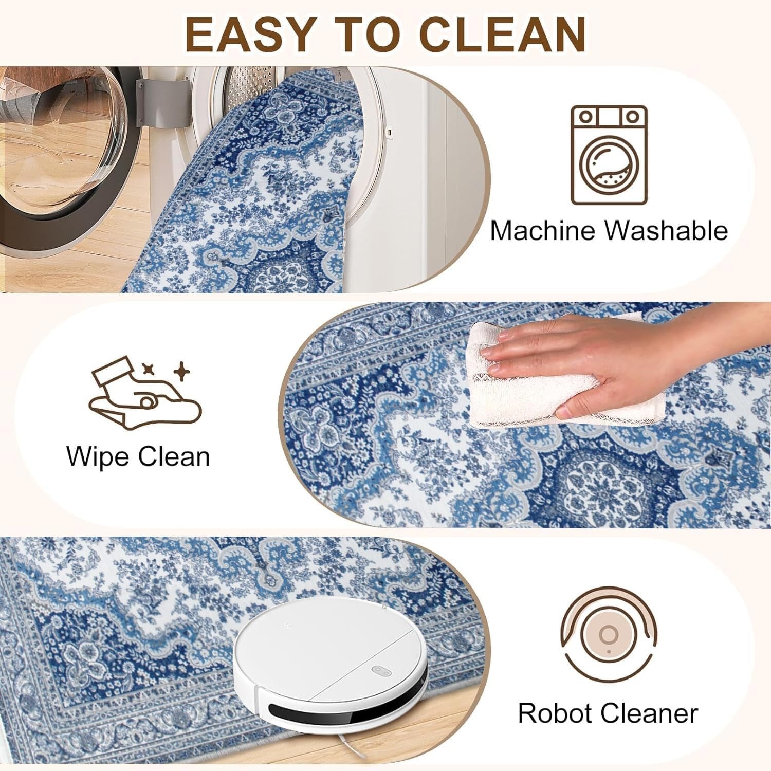 Blue Vintage Kitchen Rug 80x150cm Non Slip Washable Low Pile Runner