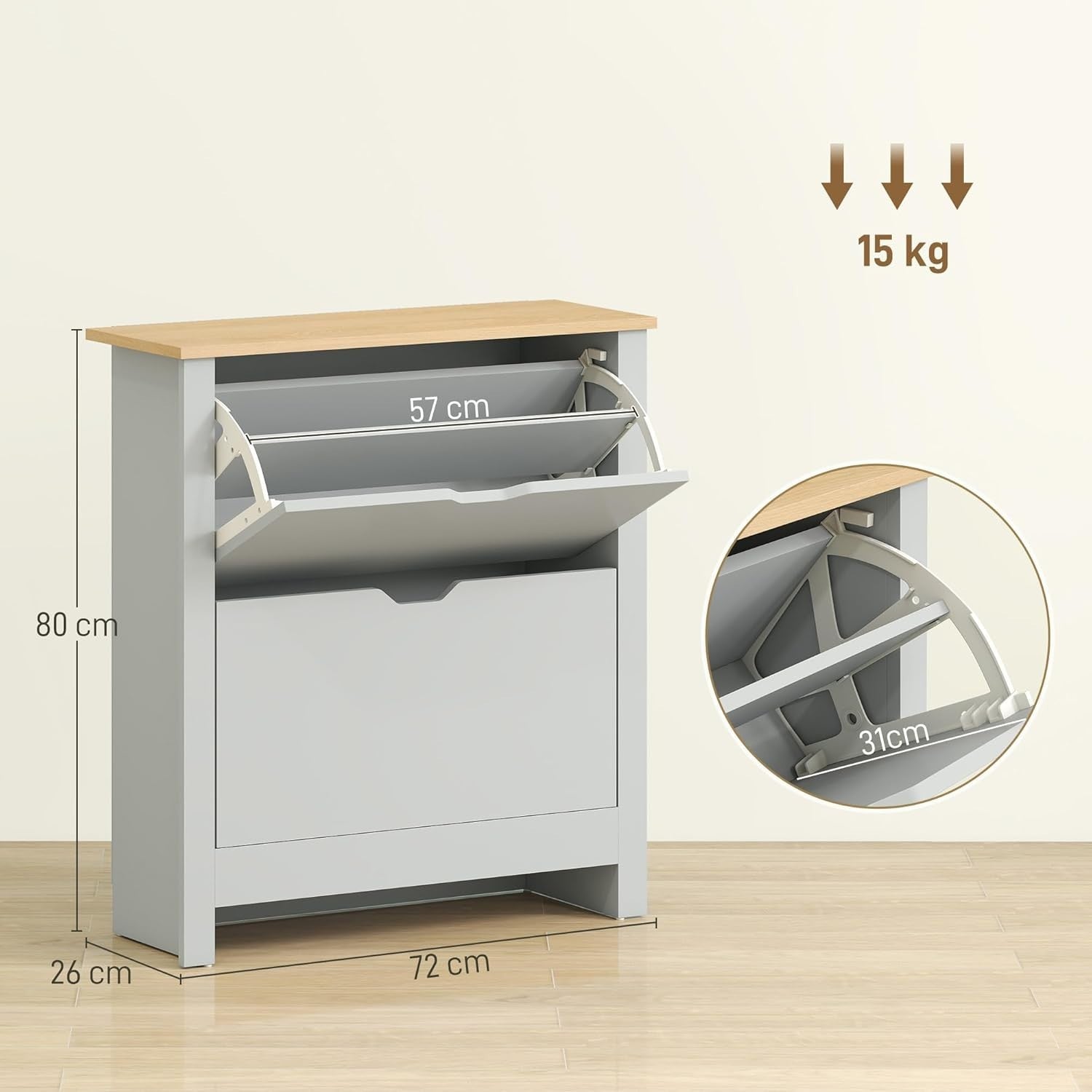 Slim Light Grey Shoe Cabinet 2 Flip Drawers Narrow Storage Unit Modern