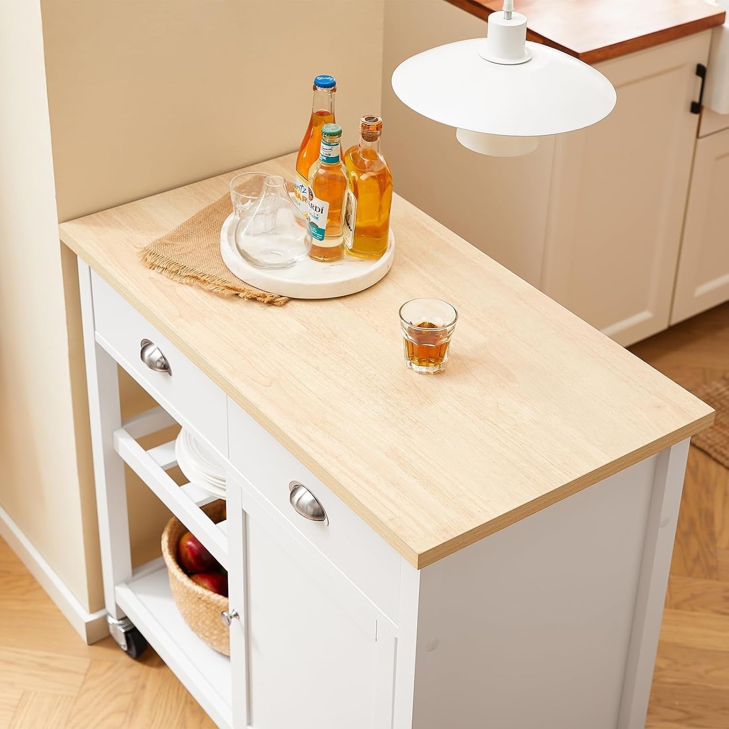 Kitchen Storage Trolley with Drawers & Adjustable Shelf White-Natural 87x48cm