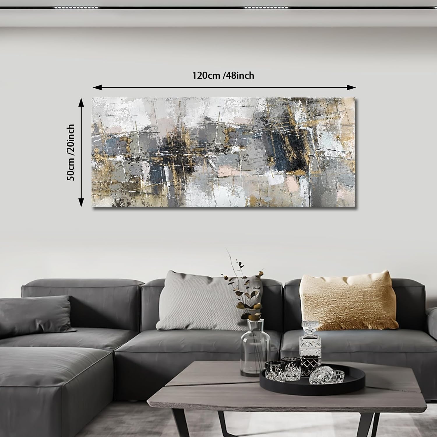 Large Grey Abstract Canvas Wall Art 20x48" Modern Framed Decor