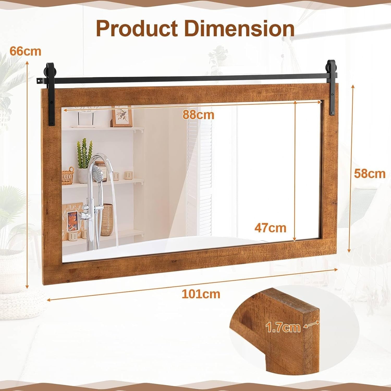 Rustic Barn Door Wall Mirror 101x66cm Wood Frame Farmhouse Vanity Decor