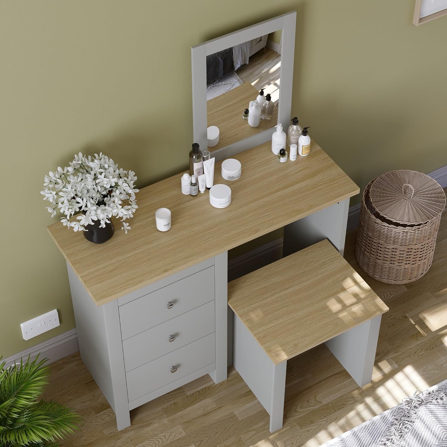 Modern 3 Drawer Chest Tall Dresser Grey Oak Veneer Bedroom Storage