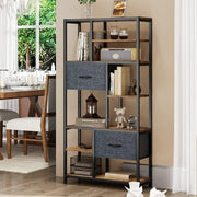 7-Tier Rustic Industrial Bookshelf with Drawers, Tall Display Storage Unit
