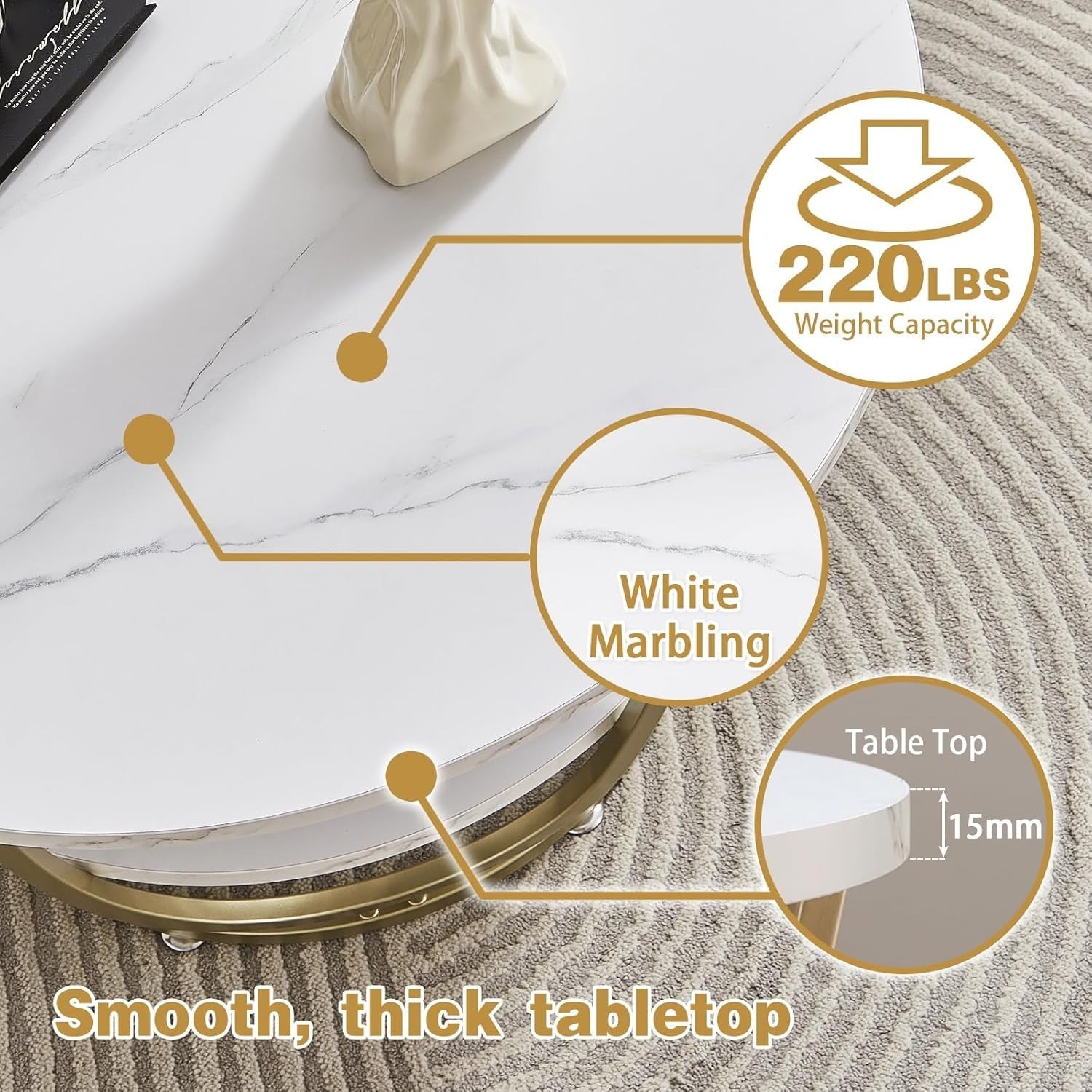 Modern Round Coffee Table White Marble 2-Tier Gold Frame 76x76cm Storage
