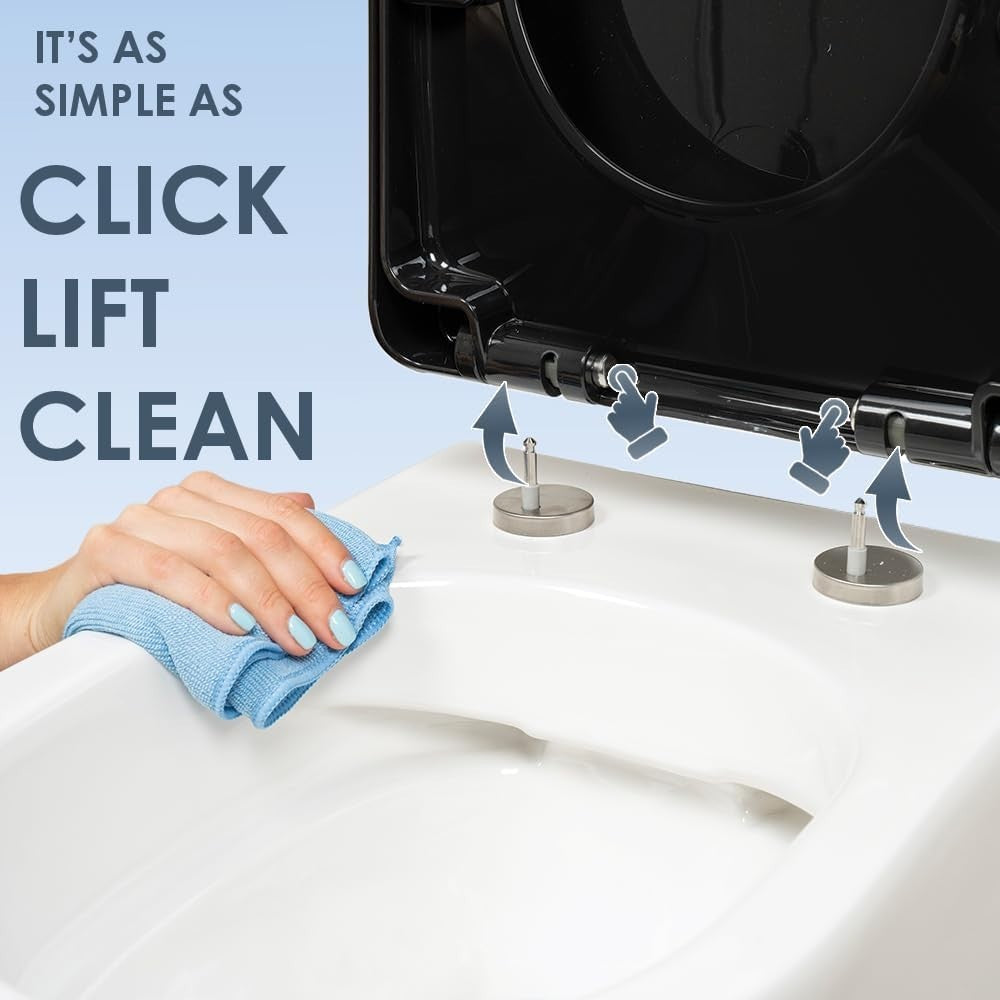 Black D-Shaped Toilet Seat Thermoplastic One Button Quick Release 45x36cm