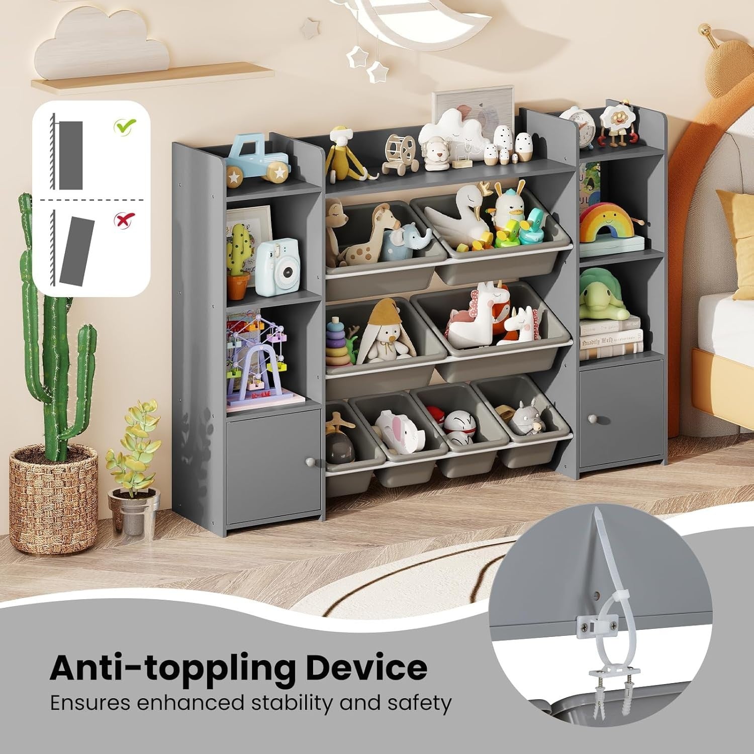 Kids Toy Storage Unit with Bins & Shelves – Large Grey Bookshelf 142cm