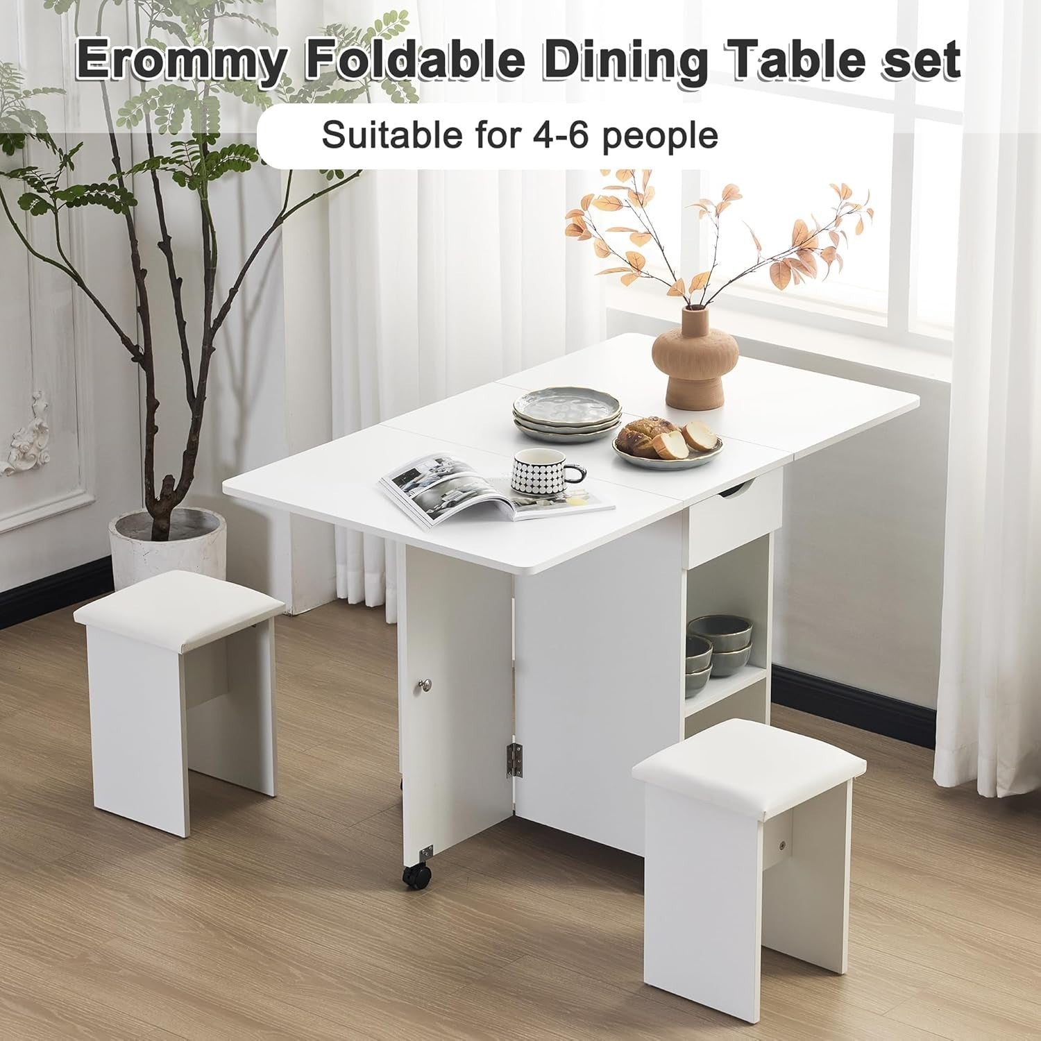 Compact Folding Dining Table Set with Storage & PU Chairs, Lockable Wheels