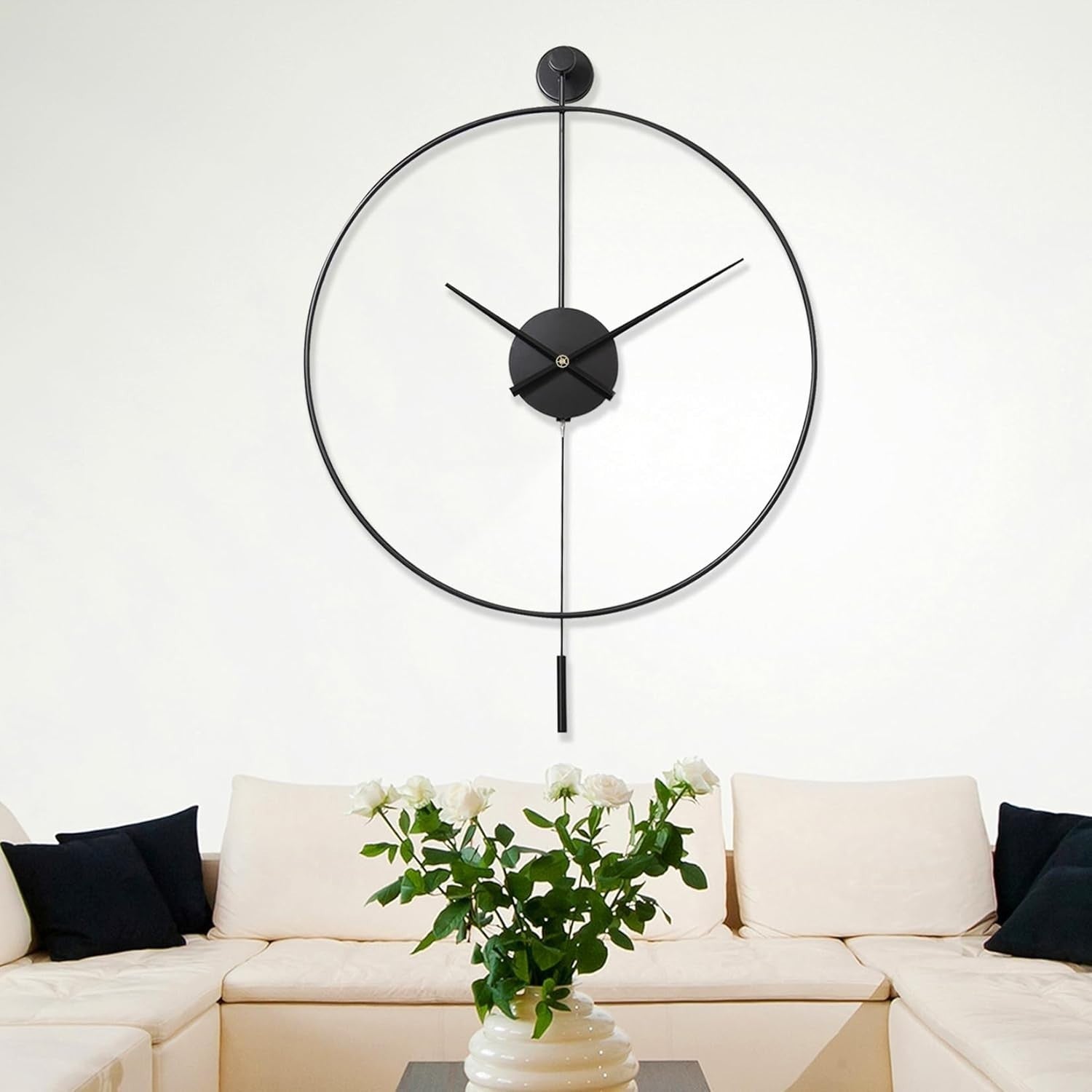 Silent Large Wall Clock with Pendulum - Modern Non-Ticking Metal Decor 24"
