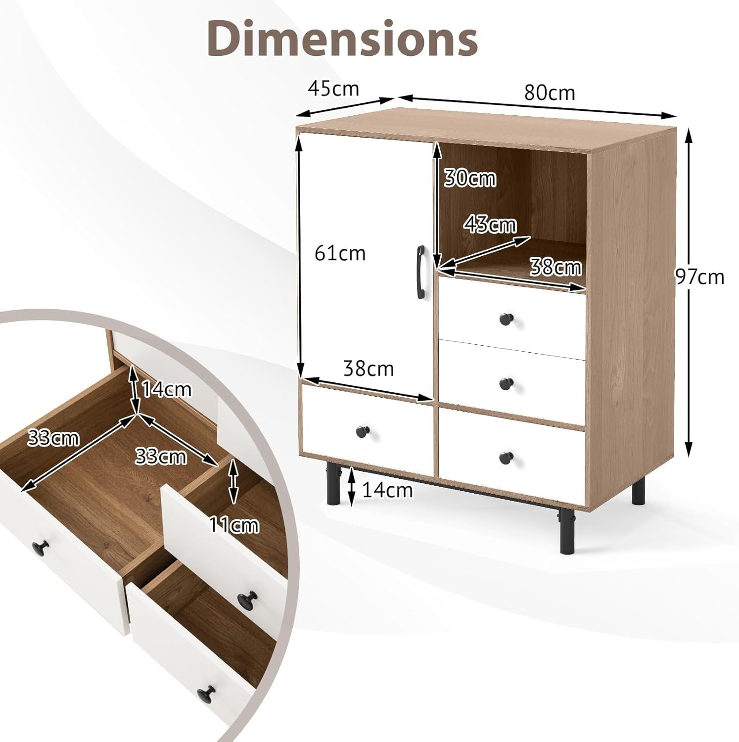 Modern 4 Drawer Sideboard Cabinet White & Natural with Open Shelf & Anti-Tip
