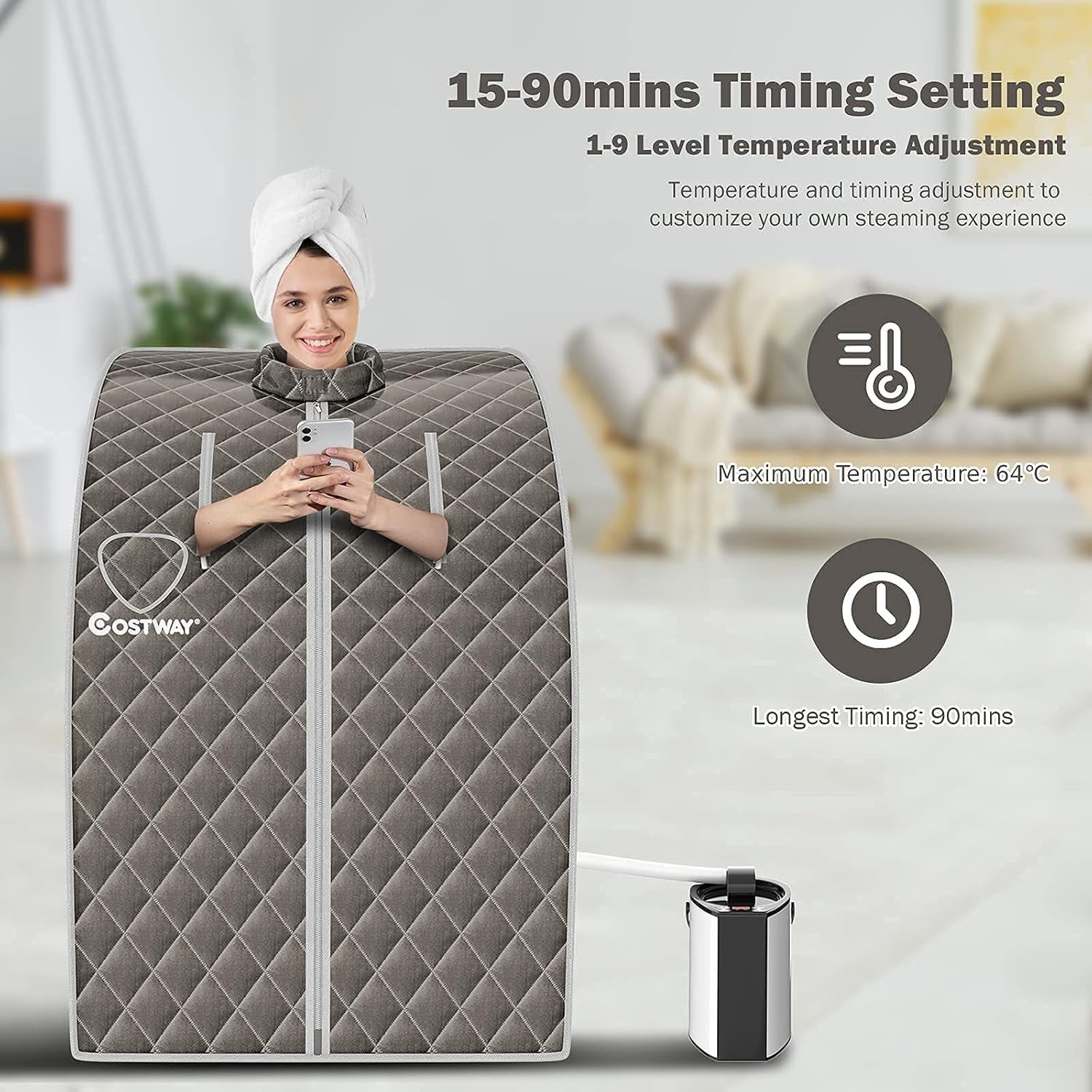 Portable Home Steam Sauna Tent – 3L 1000W, 9 Heat Levels + Chair (Grey)