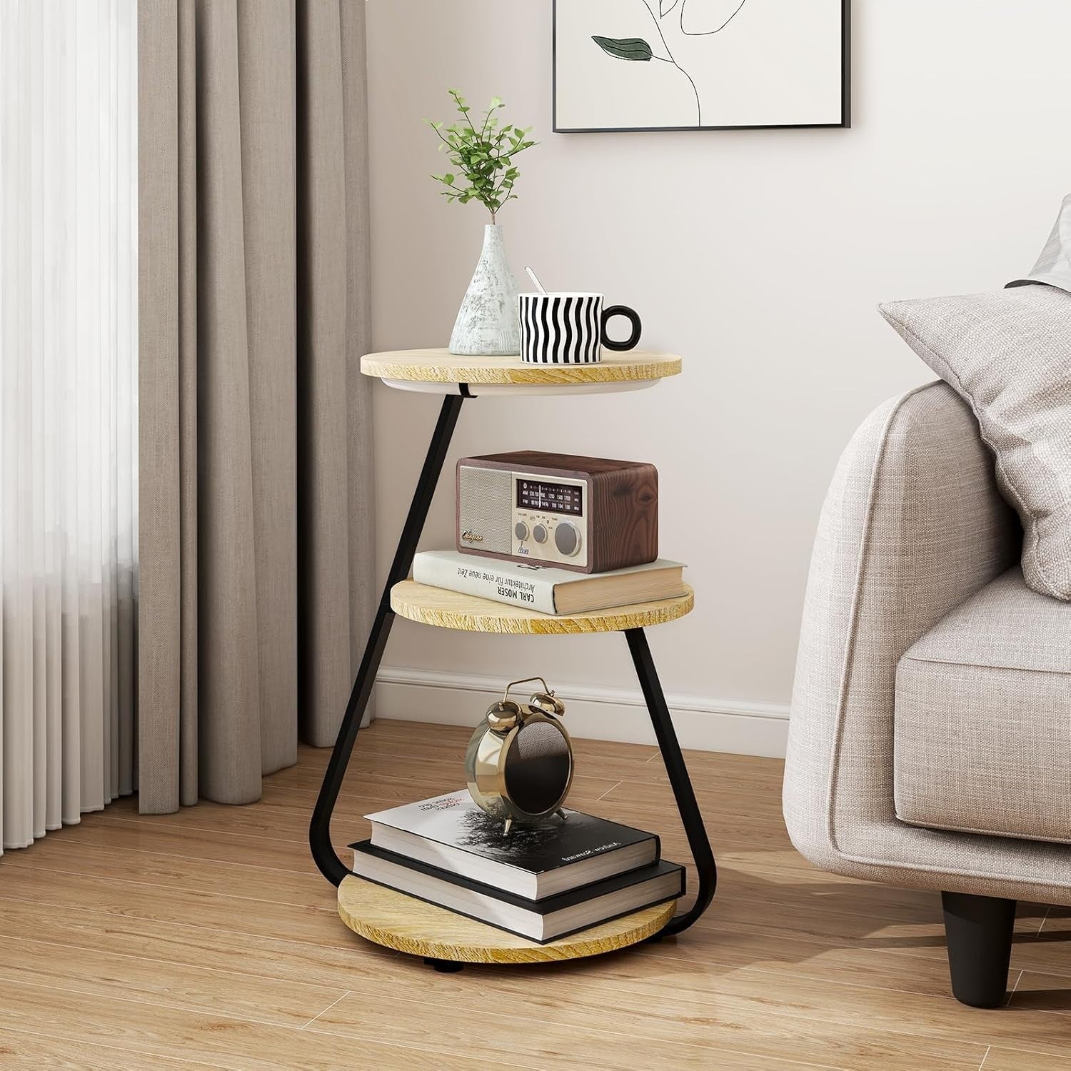 Oak LED Side Table Set – 3-Tier Bedside Coffee Tables with Storage