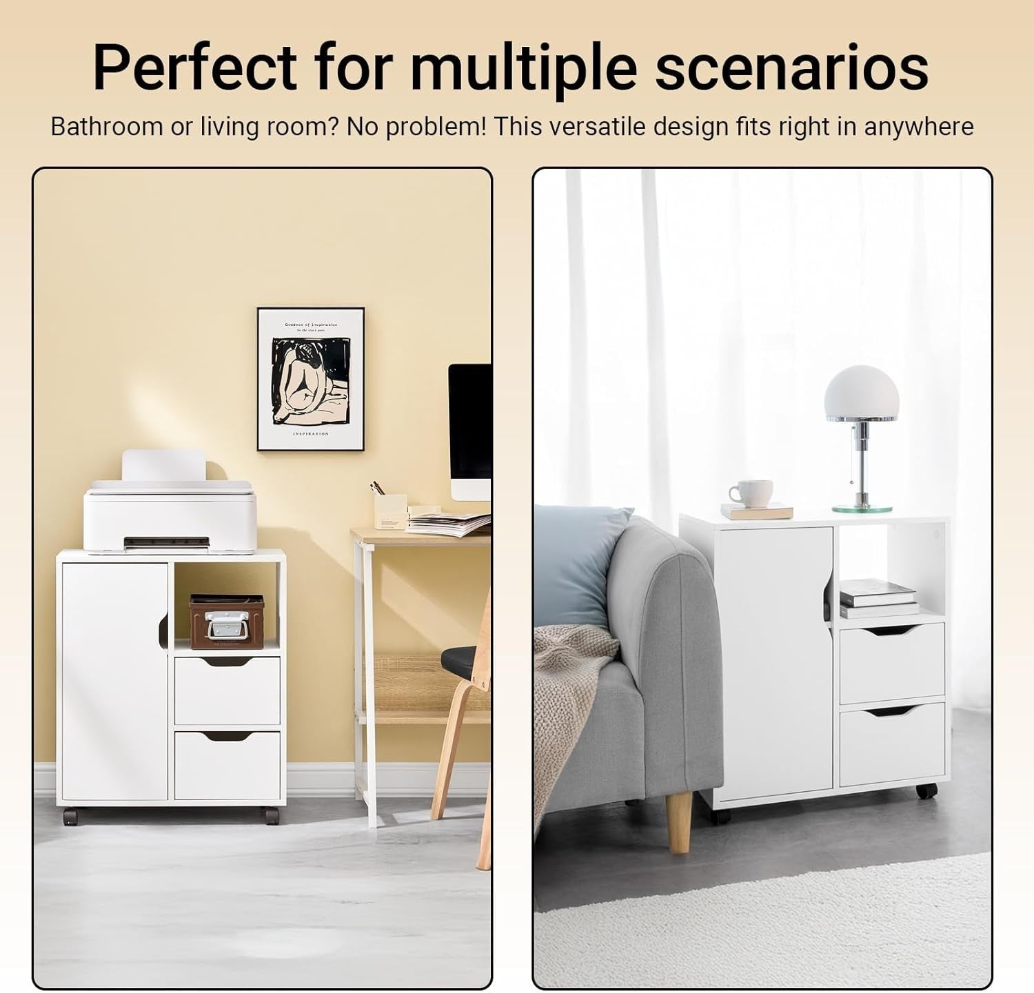 White Mobile Printer Cabinet 2 Drawer 1 Door Under Desk Storage