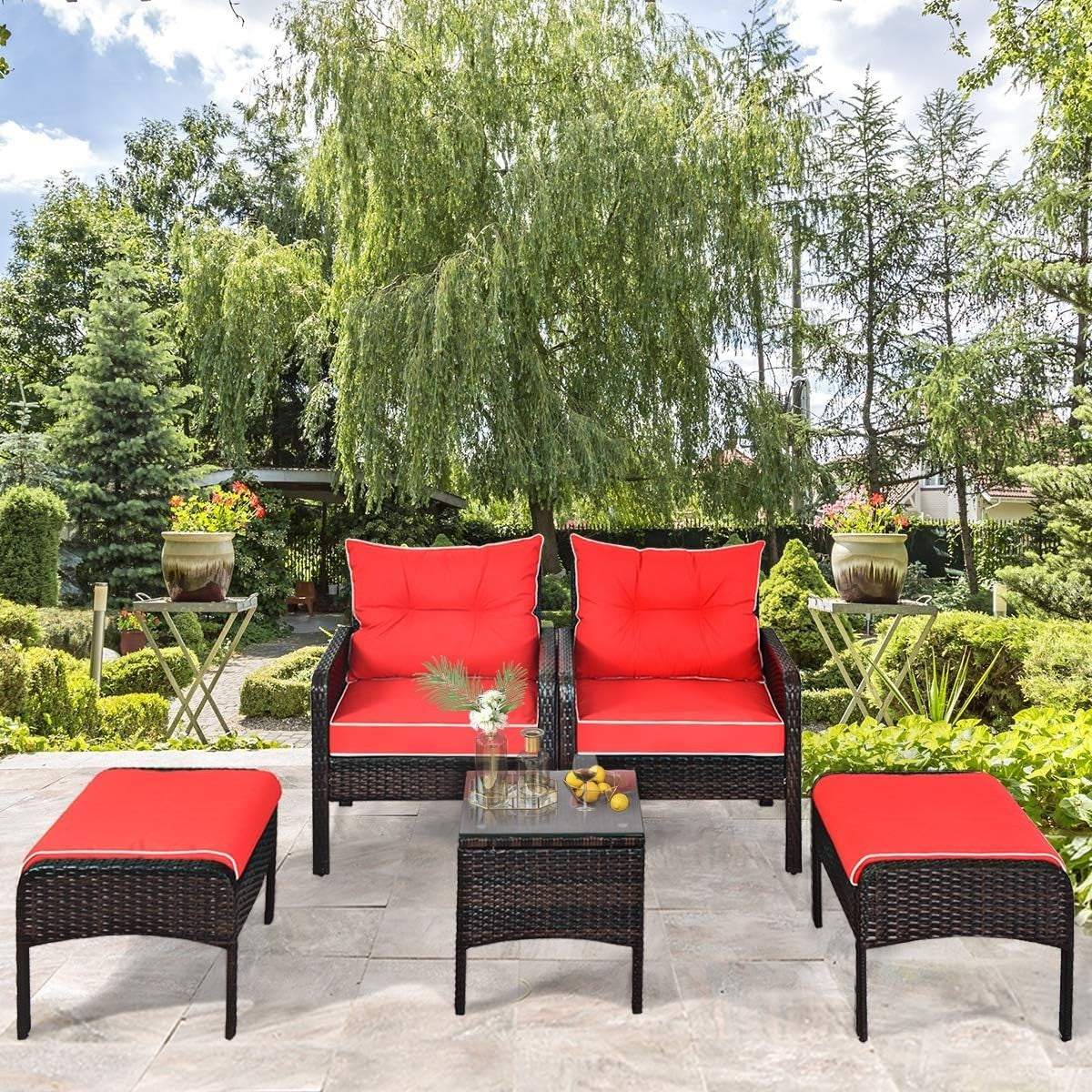 5PC Brown Red Outdoor Rattan Garden Sofa Set w/ Cushions & Glass Table