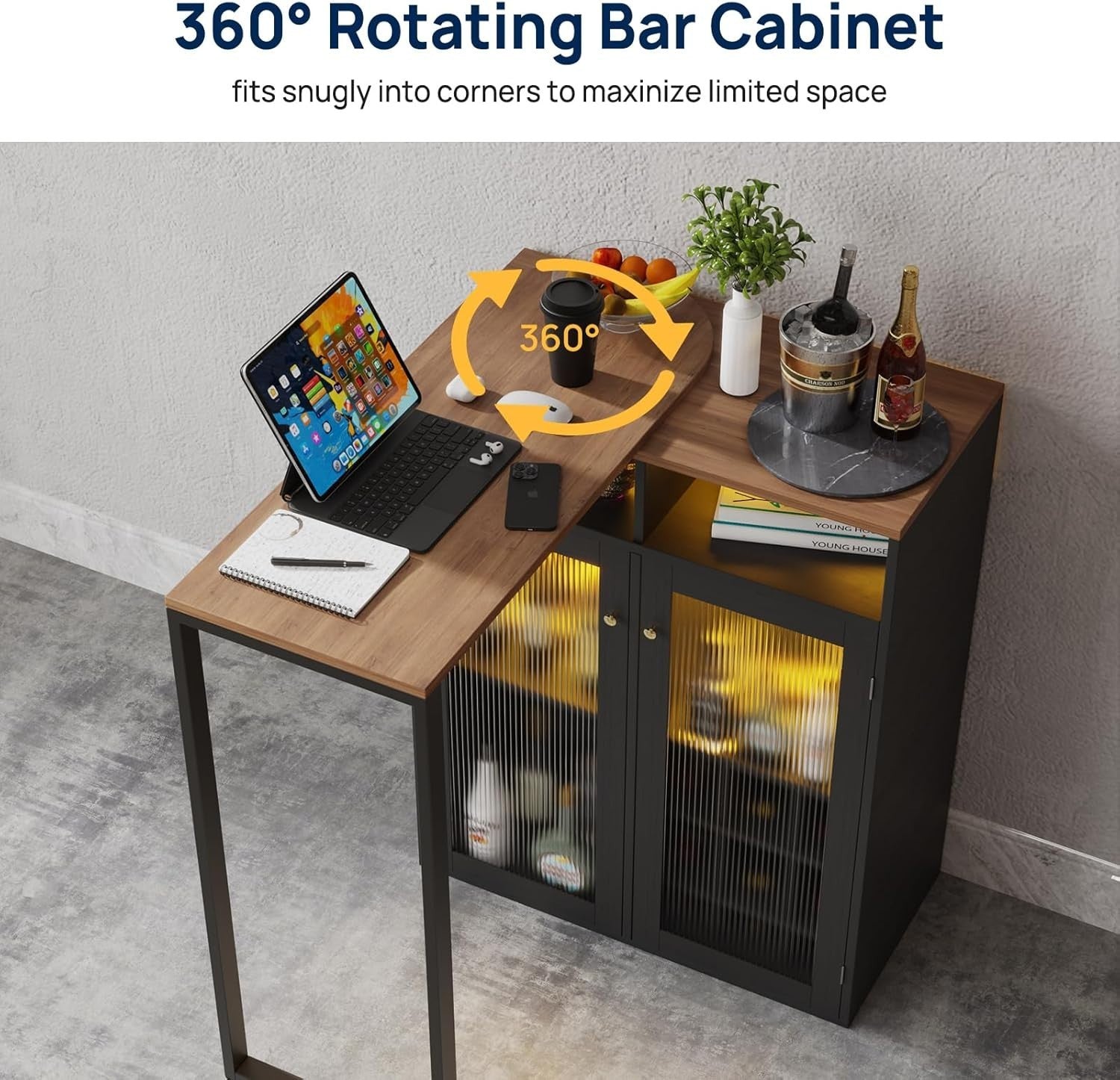 L-Shaped Home Bar Cabinet with LED Lights & Power Outlets, Wine Storage & Shelve