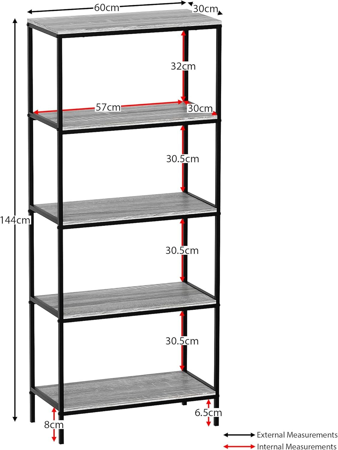 5-Tier Industrial Bookcase Black Metal Frame Wooden Shelving Display Unit