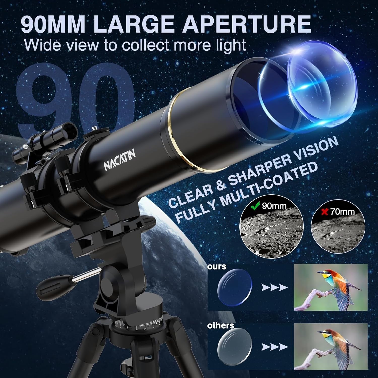 90mm Refractor Telescope for Adults & Beginners 800mm Focal Length