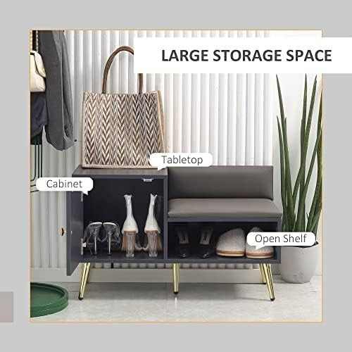 Grey Shoe Storage Bench with Cushion & Side Cabinet – Modern Hallway Seat