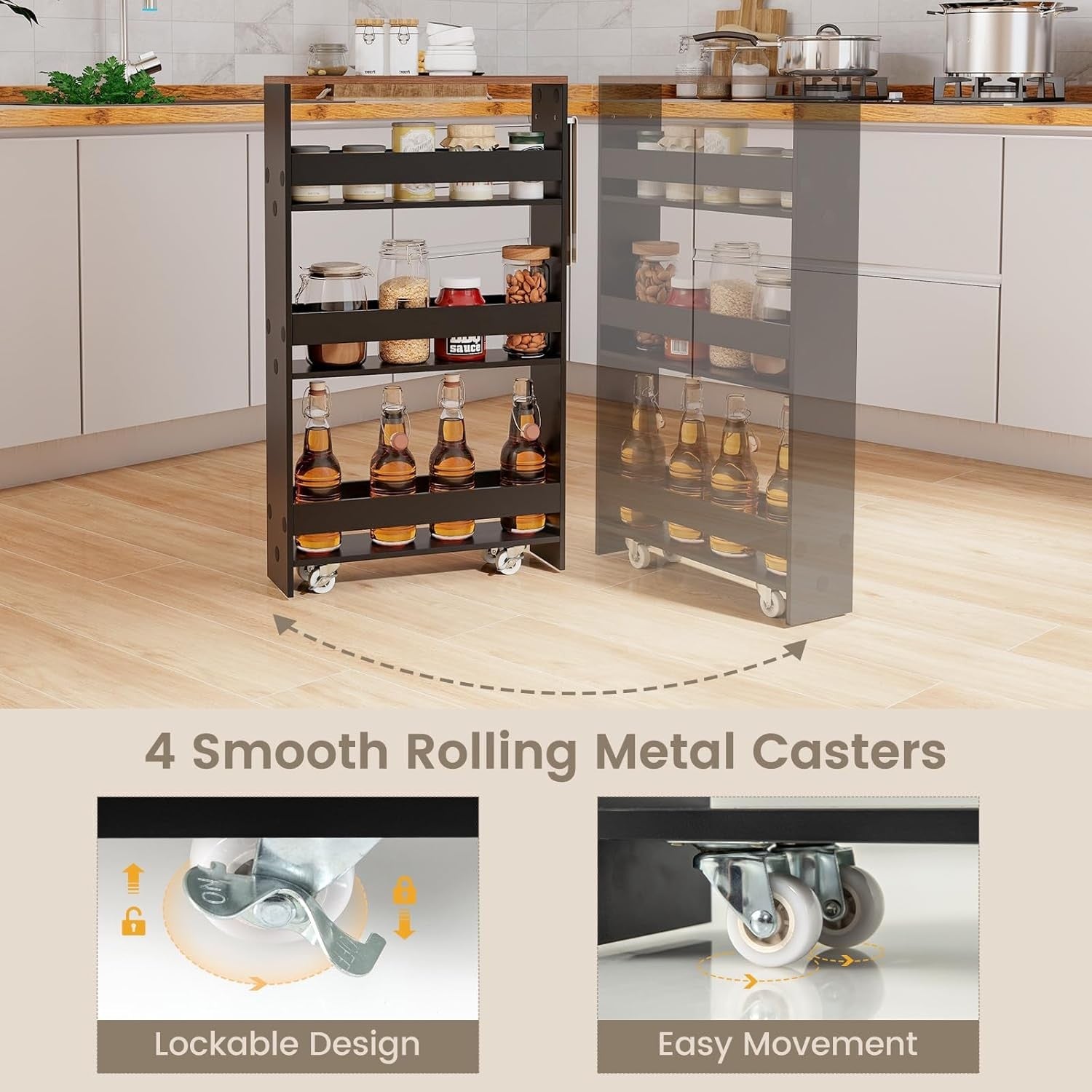 Slim Storage Trolley on Wheels 4 Tier Slide Out Kitchen Bathroom Organizer