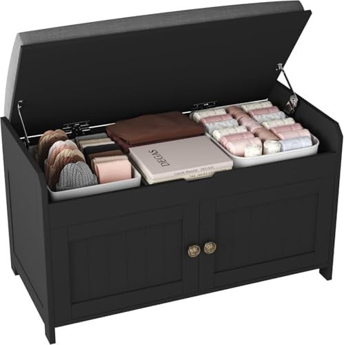 Black Shoe Storage Bench with Cushion Seat 2-Door Cabinet Entryway 76x39x46cm