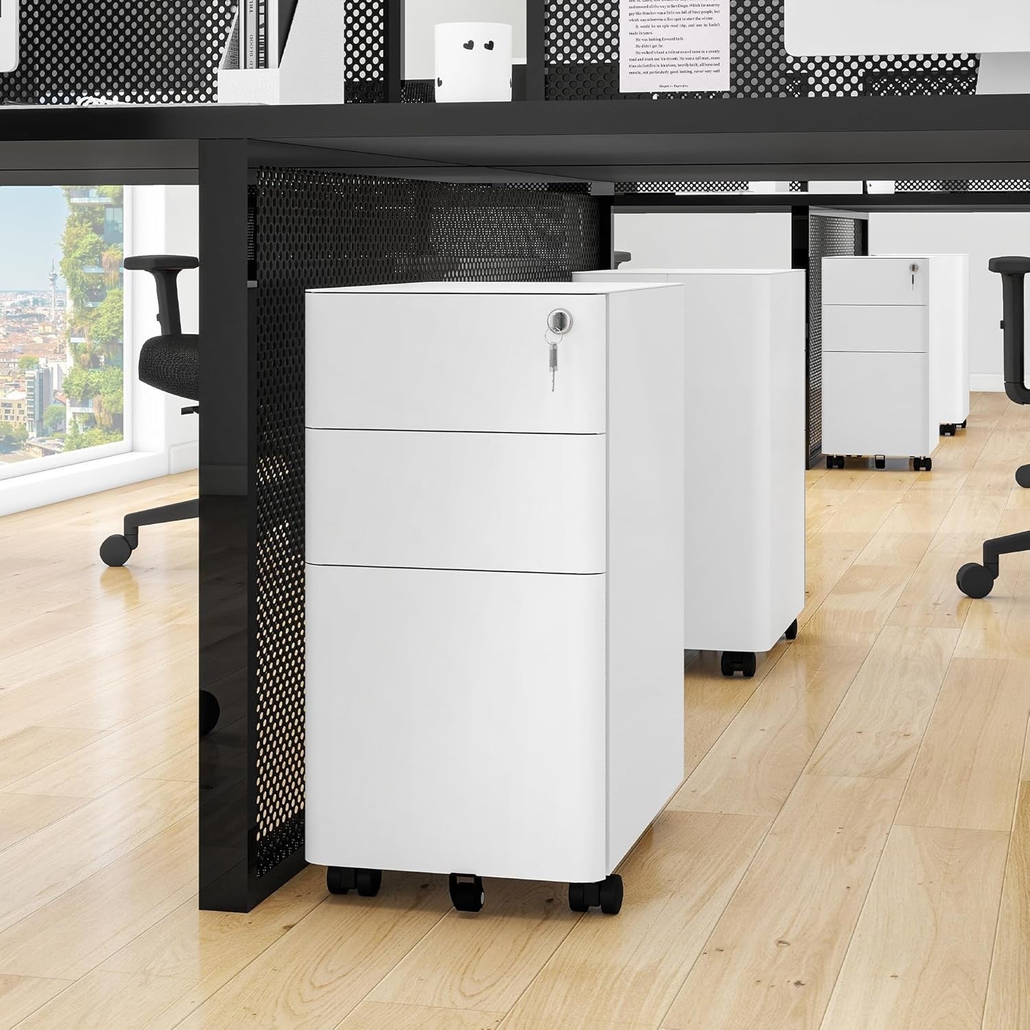 White Grey 3 Drawer Lockable Metal File Cabinet 30x45x61cm Slim