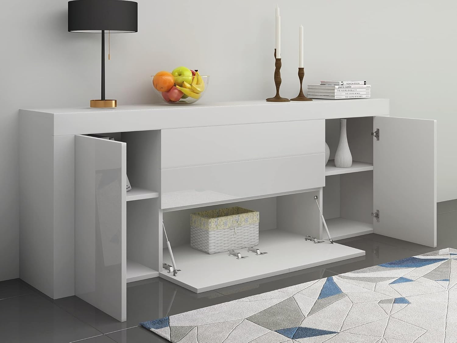 Modern White Sideboard 200cm Gloss Cabinet Unit Storage Drawers Doors