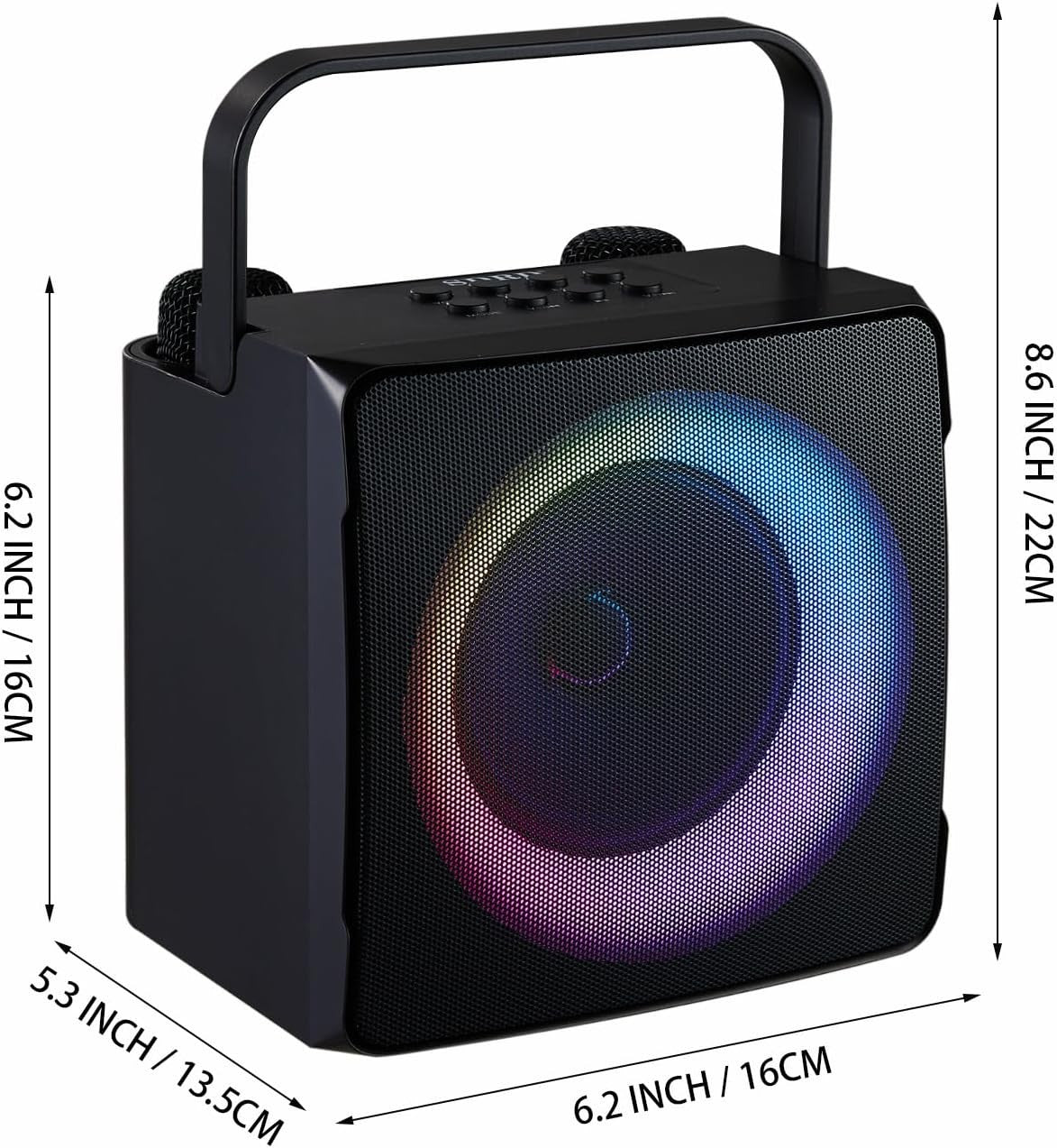 Portable Bluetooth Karaoke Machine 2 Wireless Mics LED Black 16x13.5x22cm