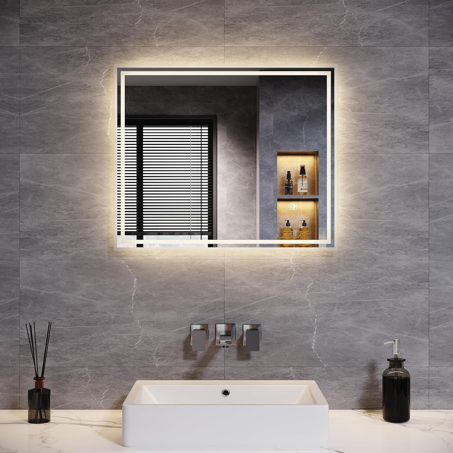 LED Bathroom Mirror 60x50cm Anti-Fog Wall Mount, Dimmable Light, Waterproof