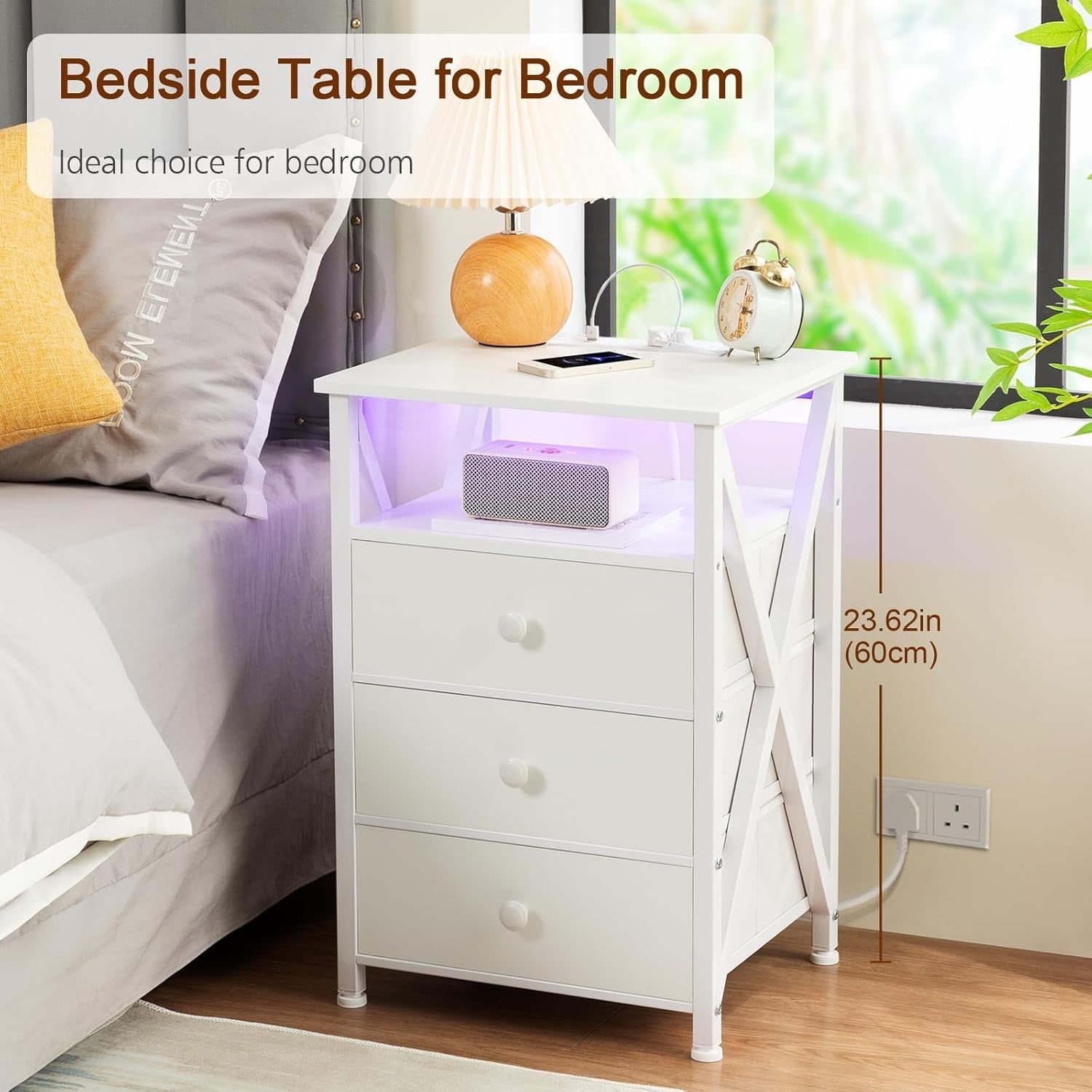 White LED Bedside Table with Charging Station | 3 Drawer Nightstand