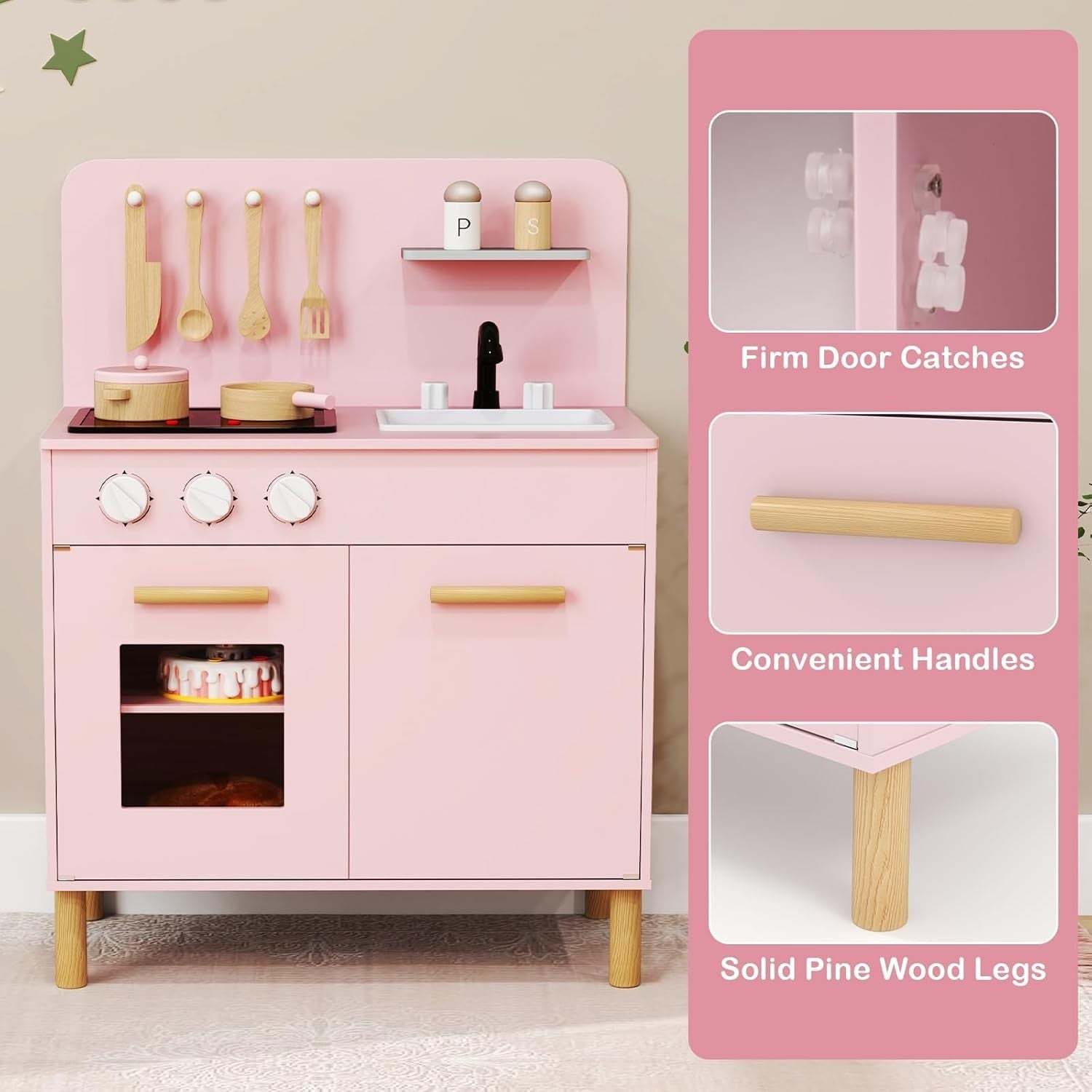 Wooden Kids Play Kitchen Pink w/ Lights Sounds Oven Accessories