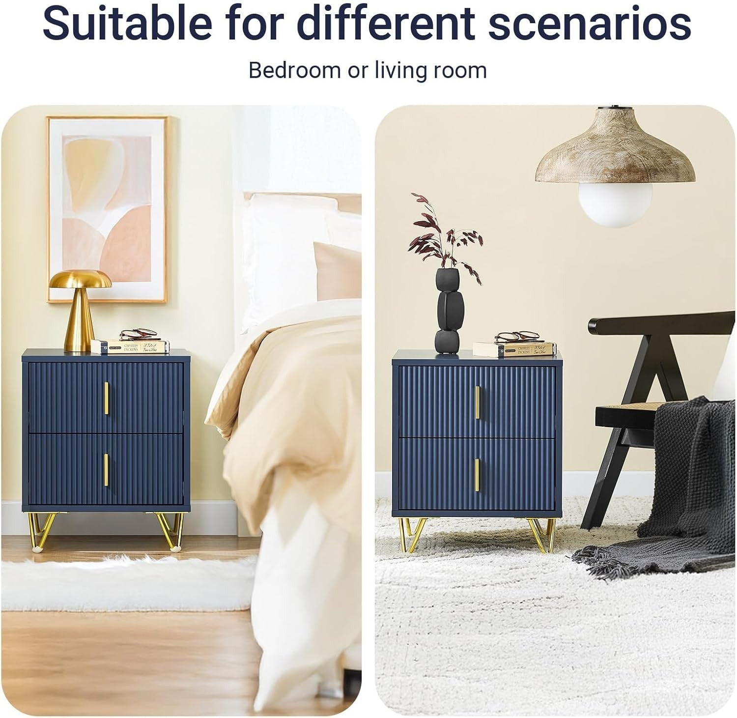 Blue Bedside Table with 2 Drawers & Gold Legs – Modern Nightstand