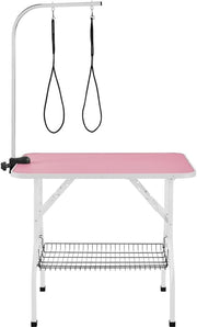 Foldable Dog Grooming Table Adjustable Arm Double Tether Basket Non Slip Pink