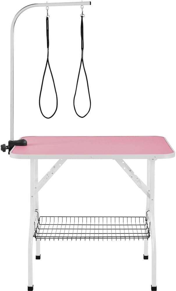 Foldable Dog Grooming Table Adjustable Arm Double Tether Basket Non Slip Pink