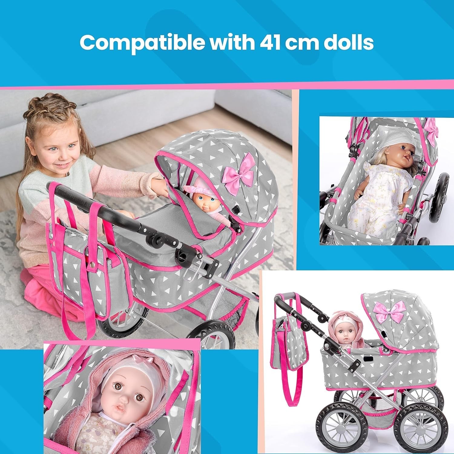 Dolls Pram Toy Pushchair Buggy Adjustable Handle 33-63cm Kids