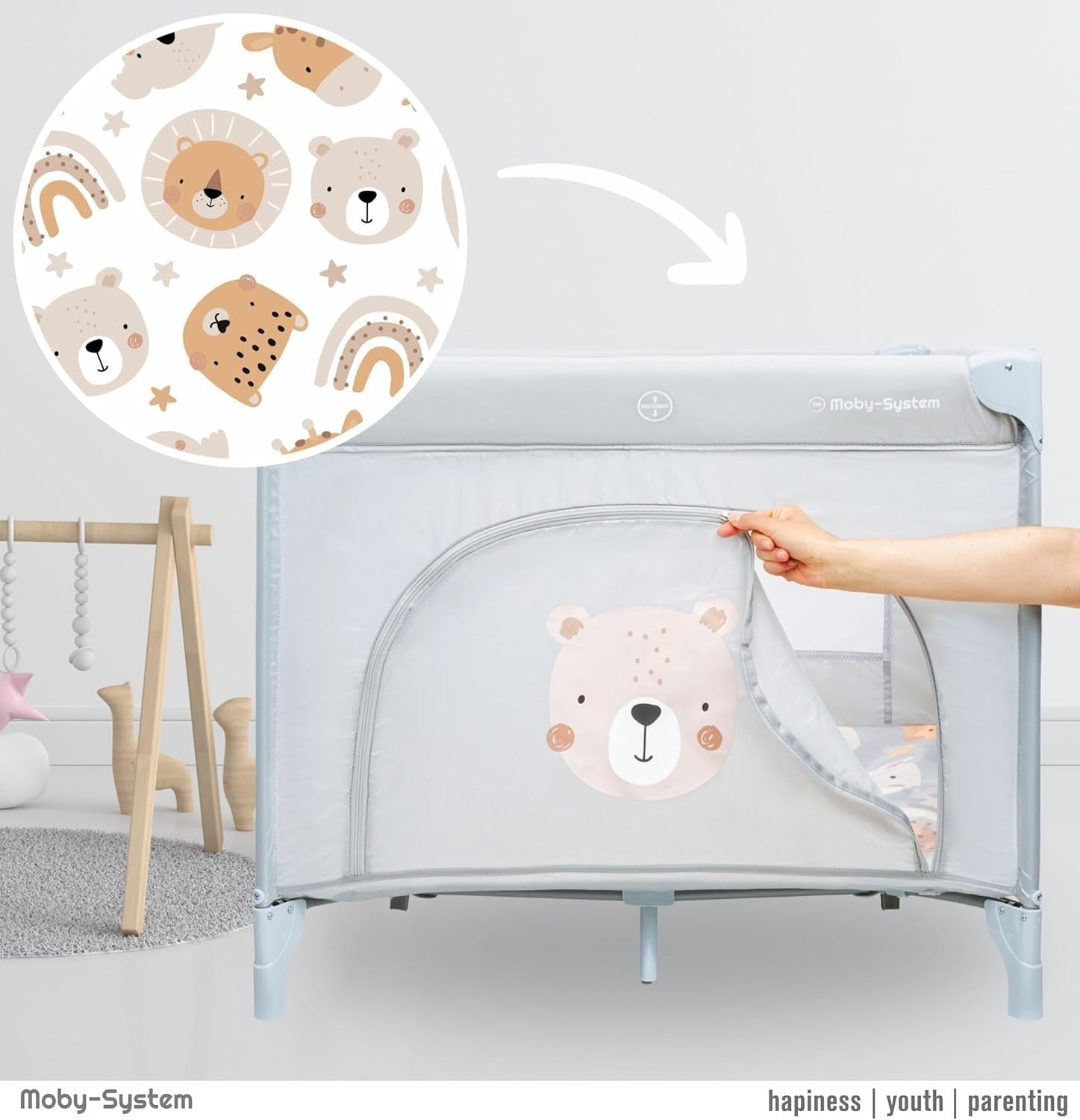 Children's Playpen with Mattress and Transport Bag Teddy Bear Folding Wheels