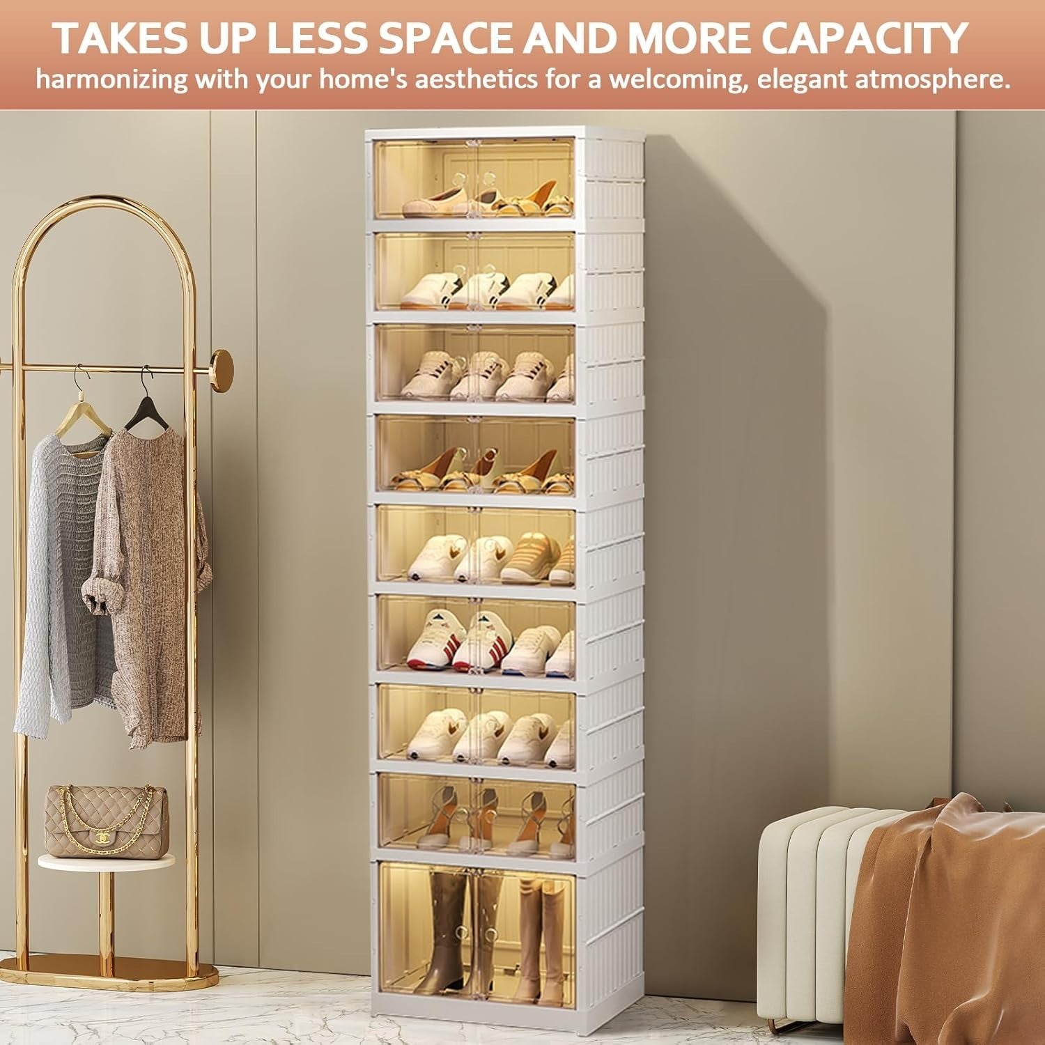 9-Tier Foldable Shoe Cabinet with Transparent Doors, 44x34.5x169 cm