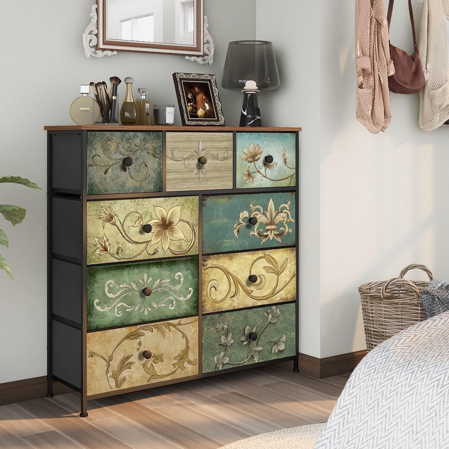 Retro Floral Pattern 9-Drawer Dresser Chest for Bedroom Nursery Storage