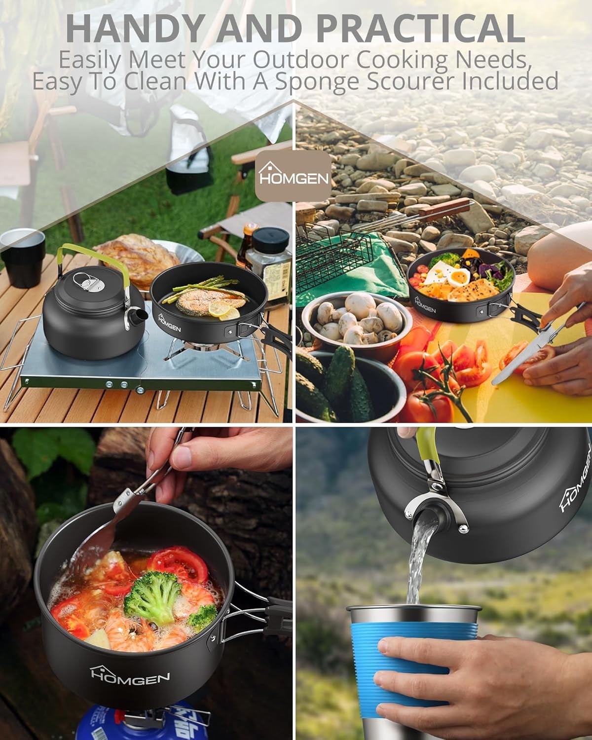 Black Camping Cookware Set with Pot Frying Pan, Kettle & Utensils for 2–3 People