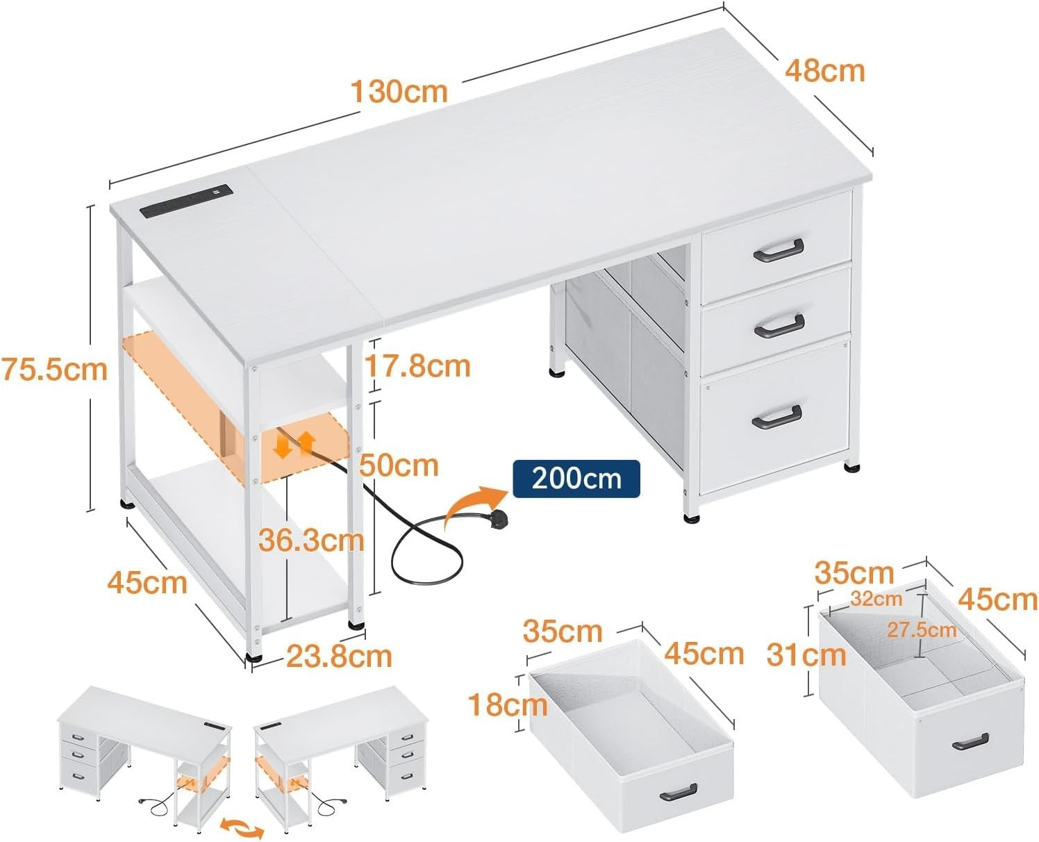 White 130cm Office Desk with Drawers & USB Ports | Reversible Study Table