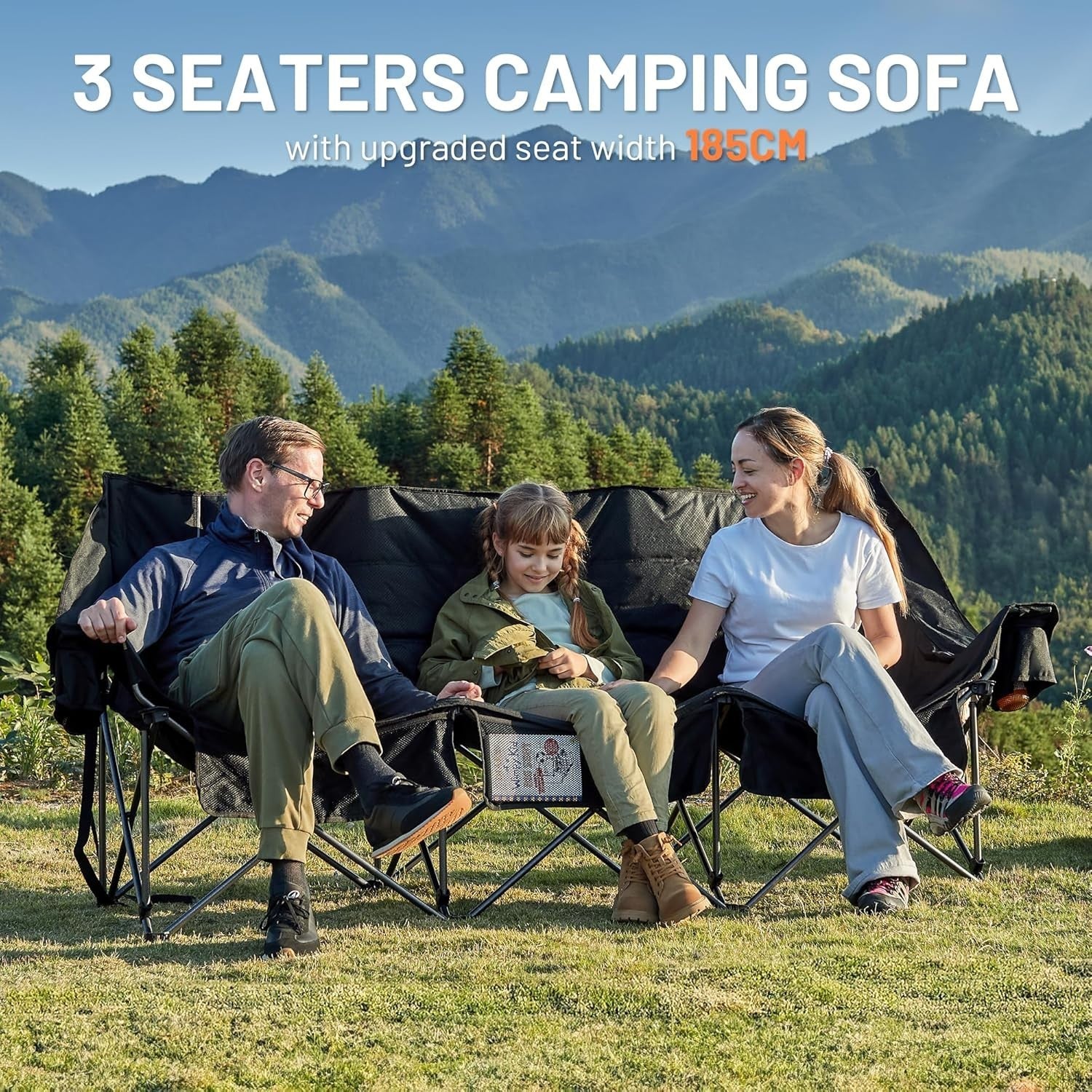 Heavy Duty 3-Seater Folding Camping Chair with Cup Holders & Bottle Opener